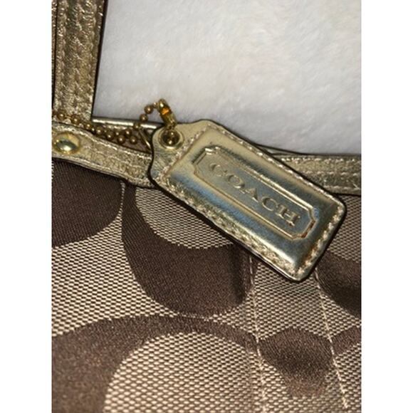 Coach Signature Stripe Tote Bag Brown Gold Monogram Medium Women's‎ - Picture 2 of 8